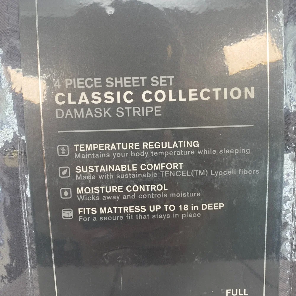 Liz Claiborne Sheet Set Full Techno Gray Damask Stripe Deep Pocket Minimalist